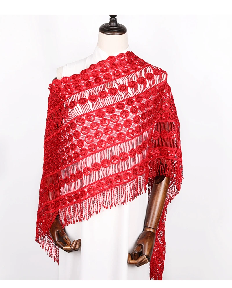 New Elegant Women Lace Hollowing sequins Embroidery fringed shawl scarf All-Match Ladies cheongsam Evening Wedding Shawls Tippet - Цвет: red
