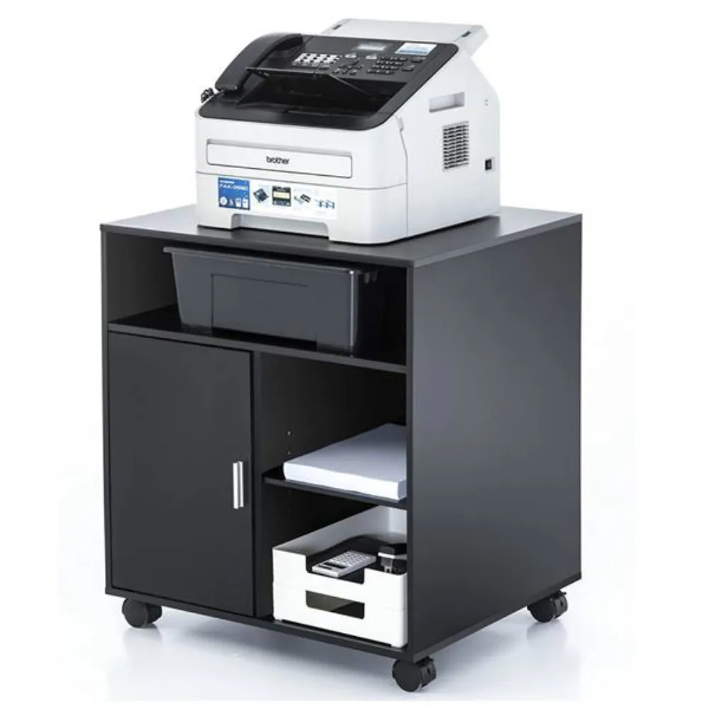 

4 Floors 5 Compartments Single Door 4 Wheels Printer Stand Office Storage Cabinet Wooden Under Desk Printer Cart Cabinet Black