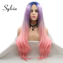 Sylvia розовый фиолетовый Ombre многоцветные синтетические парики на шнурках спереди естественная волна средняя часть длинные термостойкие