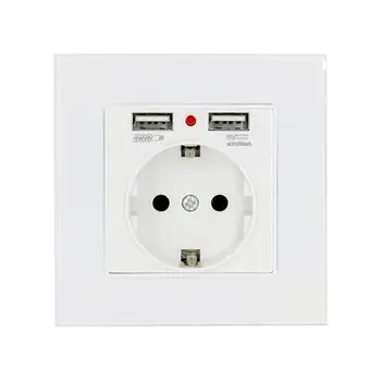 

Bseed EU Standard Singel Socket Double USB Socket Wall Power Socket White Glass Panel