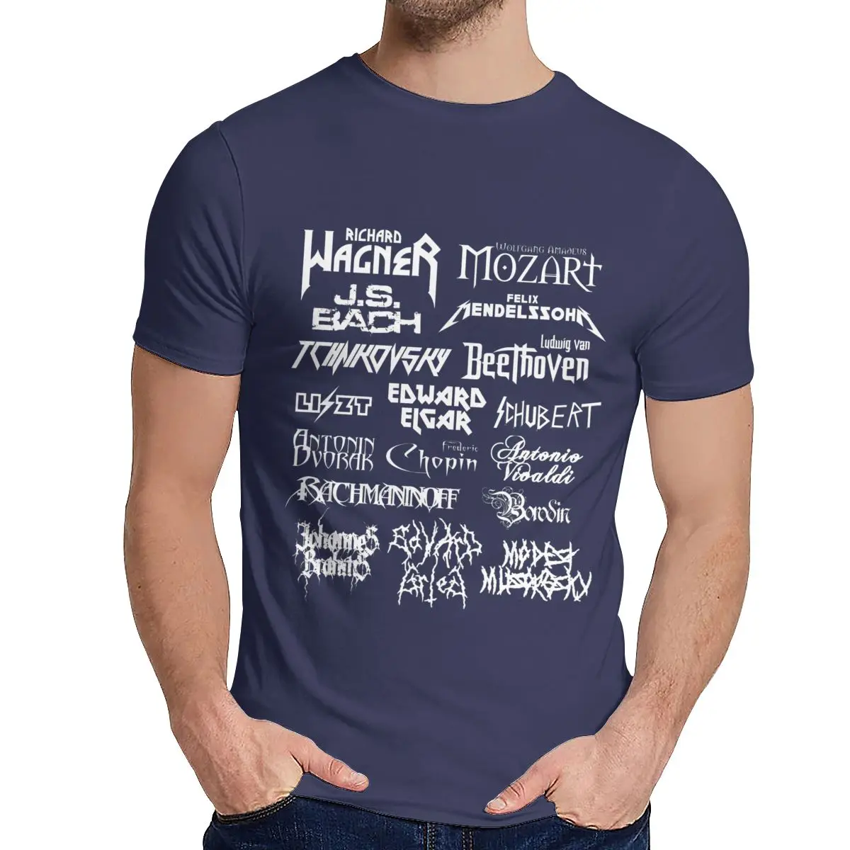 Классическая футболка из тяжелого металла для композиторов мужские повседневные футболки Mozart Beethoven Chopin Bach delssohn из хлопка - Цвет: Тёмно-синий
