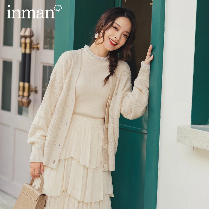 

INMAN 2020 Spring New Arrival Literary Retro V-line Collar Jacquard Dropped Shoulder Sleeve Single-breasted Cardigan Sweater