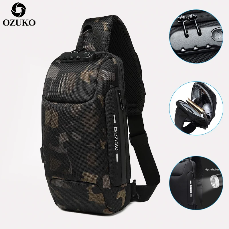 

OZUKO New Anti-theft lock Design Men Chest Pack Summer Short Trip Messengers Bag Multifunction Waterproof Shoulder Crossbody Bag