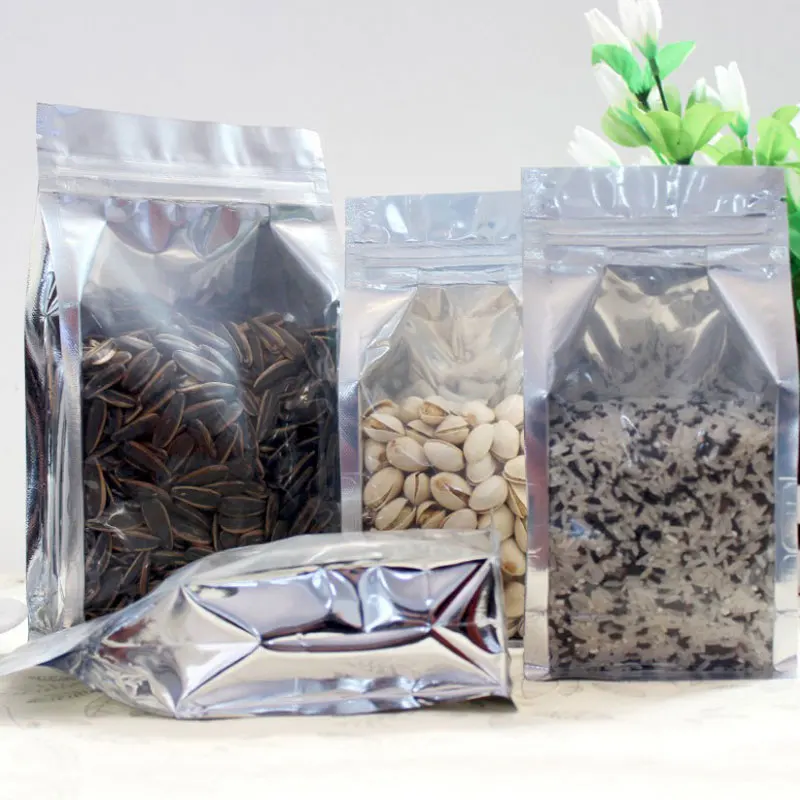 Прозрачный серебряный пакетик для чая из алюминиевой фольги с замком-молнией, упаковка, стоячий боковый пакет для упаковки сушеных цветов 50 шт./лот