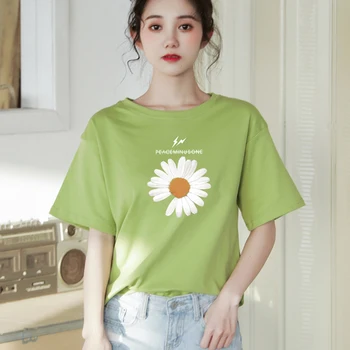 

T-shirt female short-sleeved Korean summer Women Tee shirt 2020 new cotton loose Small daisies Pink Tshirt Female printing M-XXL
