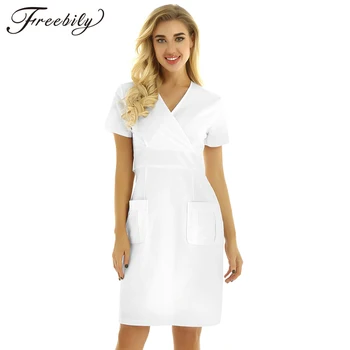 

Women Adult Lab Medical Services Coat Doctor Costume V-neck Short Sleeves Mock Wrap A-Line Dress Sexy Nurse Uniform Dress