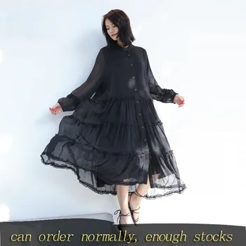 

LANMREM O-neck Single Breasted Lace Dresses for Women Vintage Loose Big Size A-line High Waist Dress 2020 New Spring PC906