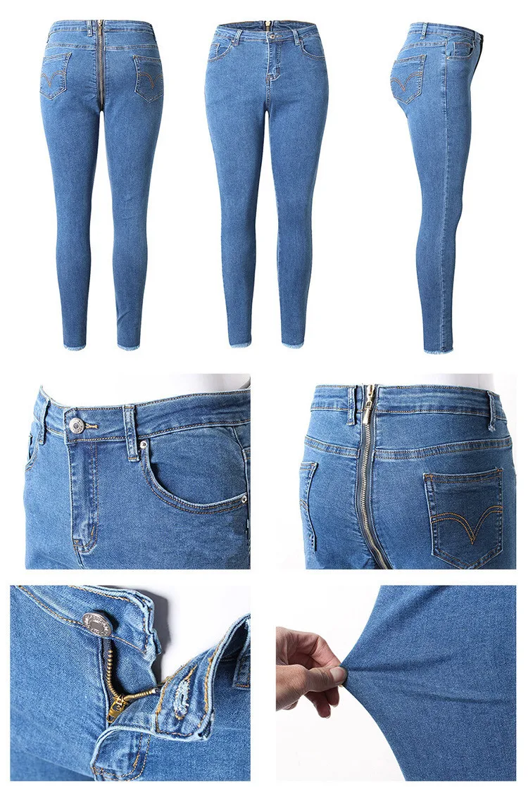 Open Crotchless Outdoor Sex Jeans Pants Women Fashion Zipper Back Skinny High Waist Denim Trousers Hot Sexy Clothes Female