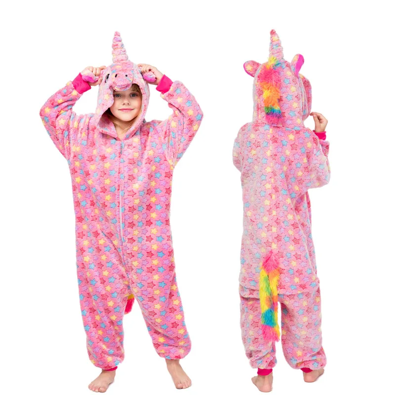 Кигуруми НОВЫЕ дети животных единорог стежка панда пижамы набор милые пижамы с капюшоном зимние дети мальчики девочки пижамы сладкие теплые рождественские onesies пижама единорога пижамы для мальчиков девочек - Цвет: Pink Stars Unicorn