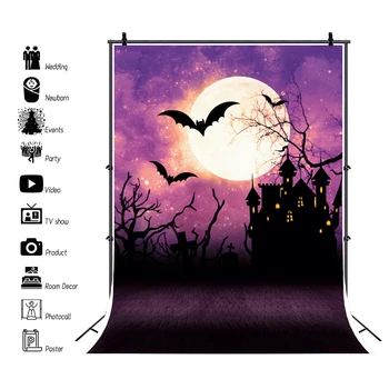 

Halloween Backgrounds For Photography Dark Castle Old Tree Bat Moon Tree Floor Party Baby Portrait Photo Backdrop Photo Studio