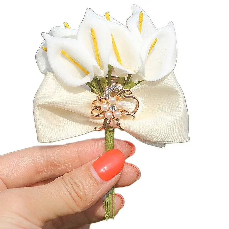

New Ivory Bow Tie Calla Lily Flowers Wedding Corsages Boutonniere Groom Gold Diamond Crystal Wedding Brooch Pin X9828-M