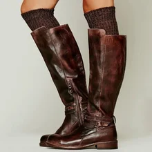 Женские сапоги до колена; теплые сапоги-гладиаторы на низком каблуке В рыцарском стиле; Винтажная обувь из искусственной кожи с круглым носком; botas mujer; HP2647