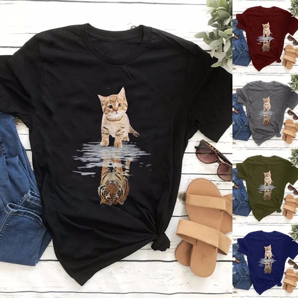 Женские топы 2020 футболки с коротким рукавом и 3D принтом кота круглым вырезом Blusas