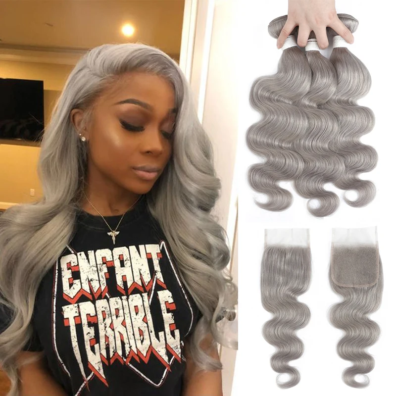 Silver Grey Body Wave Bundles With Closure 4x4 SOKU Brazilian Human Hair Weave Bundles With Closure 100% Remy Hair Extensions