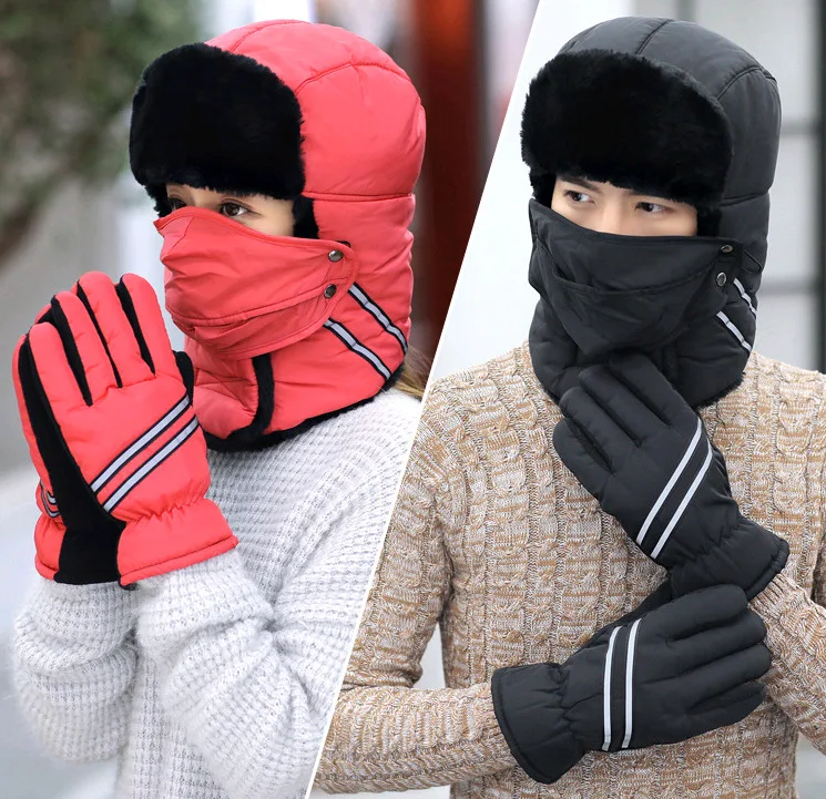 

New Style Men And Women Outdoor Waterproof Windproof Ushanka Brushed And Thick Northeast Warm Earmuffs Hat Gloves Face Mask Set