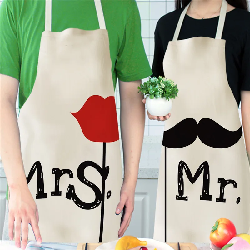 Love Heart Printed Kitchen Aprons for Women Mr Mrs Cotton Linen Home Cooking Baking Waist Bib Pinafore Cleaning Tools