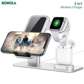 

BONOLA 3 in 1 wireless charger QI fast charging stand for iPhone11 Pro/X/XS/8/XR iWatch Airpods Pro wireless metal charging base