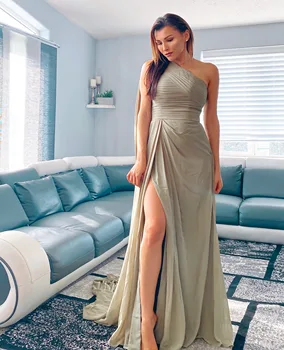 

Evening Dress A-Line One Shoulder Green Chiffon Formal Dress Long Dress with Split Front/Ruffles/Ribbon