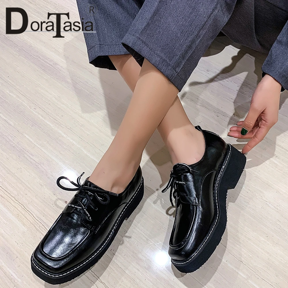 

DORATASIA Retro Brand Lady Flats Casual Comfortable Flats Women Lace Up Square Toe Sewing Chunky Heel Spring Shoes Woman