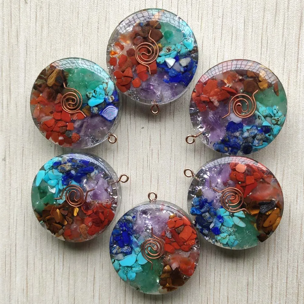 

New fashion good quality Retro Reiki Healing Chips Stone Natural 7 Chakras Orgone Energy round Pendants wholesale 6pcs/lot