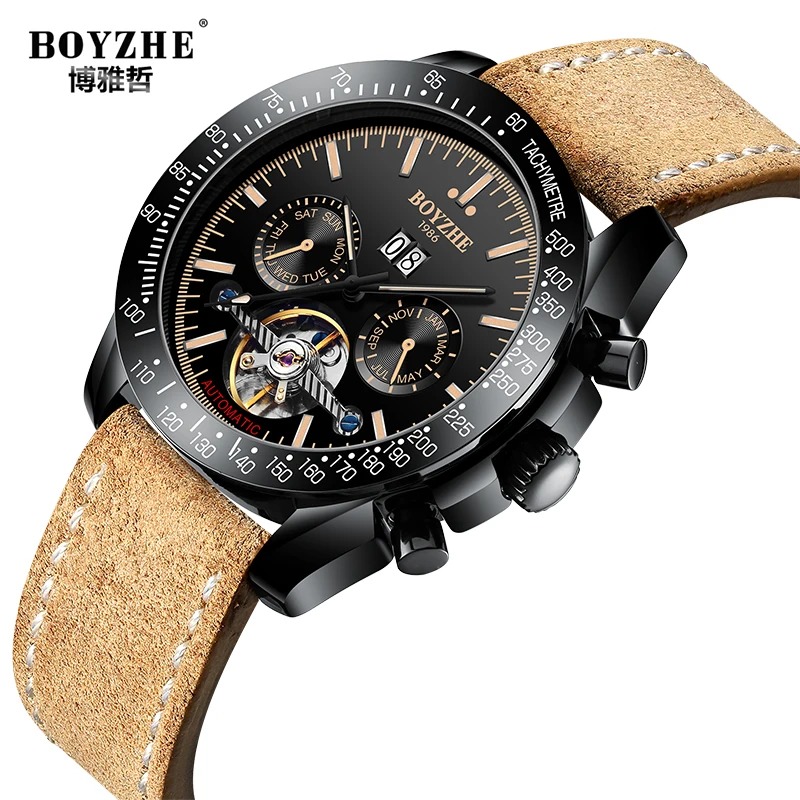 Мужские механические часы BOYZHE automatic Tourbillon Reloj Hombre, роскошные Брендовые мужские часы, светящиеся спортивные часы с кожаным ремнем Homme