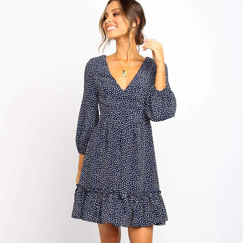 

Woman's Lantern Sleeve Printed Dress Autumn Fashion 3/4 Sleeve V Neck Ruffles Casual Dress Slim A-Line Mini Party Dresses