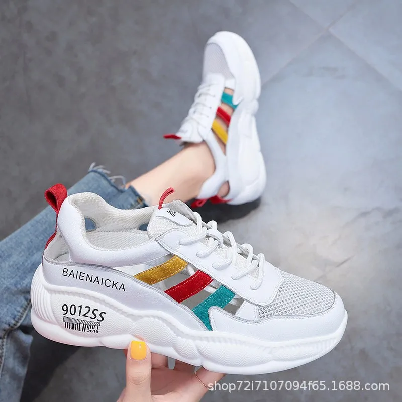 

2019 New Style MacBook Athletic Shoes Breathable Mesh Hollow out Versatile INS chao wang Red Closed-toe Dad Sandals Women's Summ