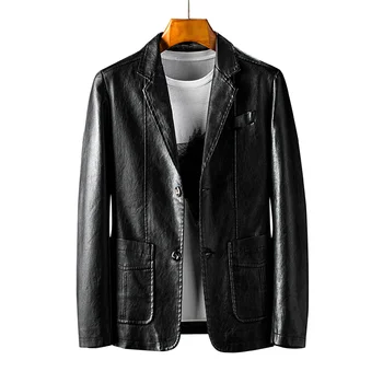 

New 2020 Casual Leather Jacket Men Fashion Slim Lapel Solid Color Men Leather Jacket Single Breasted Leather Jacket Mens