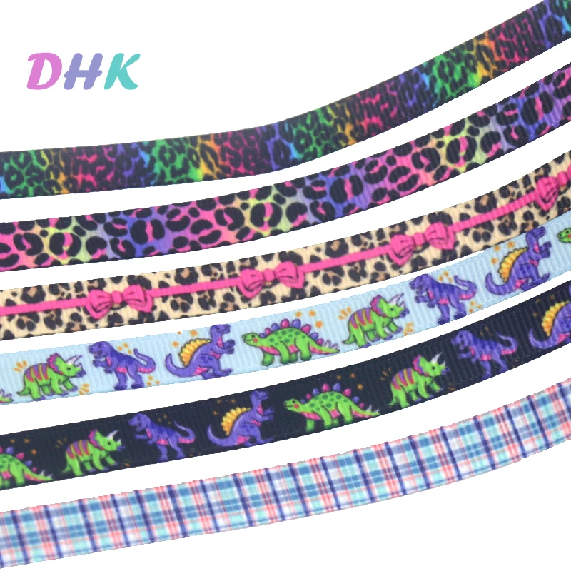 DHK 3/8'' 5yards Leopard Dinosaur Grid printed grosgrain ribbon Accessory hairbow headwear DIY 9mm Decorations C1929