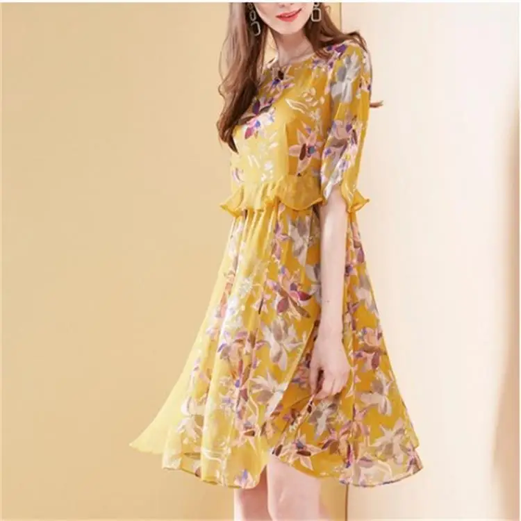 

Photo Shoot France Non-mainstream Floral-Print Chiffon Dress Women's 2019 Summer New Style Belly Covering Slimming Popular Skirt