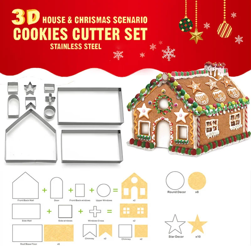 

10pcs Stainless Steel Christmas House Cookie Cutter Kit 3D Chocolate House Cookie Cutter Set H99F