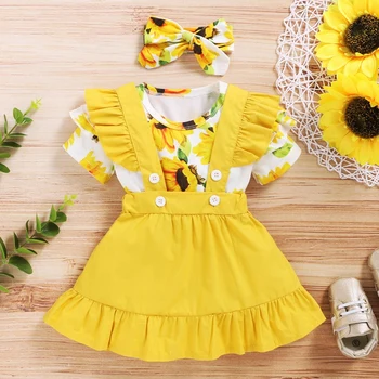 

Baby Rompers Skirt Sets Summer Casual Thin Loose Floral Romper+Ruffle Suspender Skirt Free Headband Kids Clothes Outfit Set 3Pcs