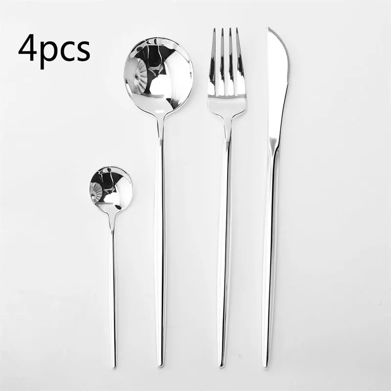 4Pcs Посеребренный столовый сервиз из нержавеющей стали, кофейная/чайная ложка, вилка для супа, столовые вилки, чайные ножи, набор посуды, набор кухонных столовых приборов - Цвет: 4Pcs