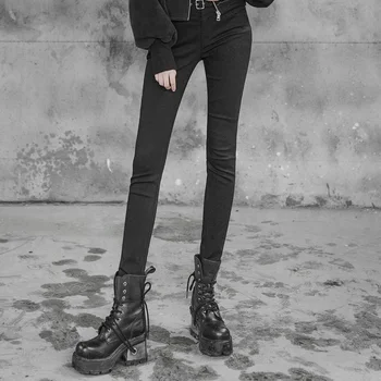 

PUNK RAVE Women Punk Metal High-waist Jeans Removable Metal Chain Sling Slim Fit Pencil Long Pants