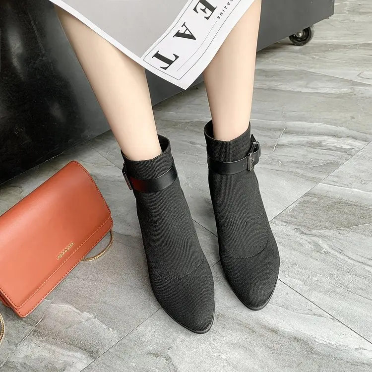 Вязаные эластичные женские носки; обувь с ремешком на щиколотке; ботильоны на толстом высоком каблуке с пряжкой; женские модные короткие ботиночки