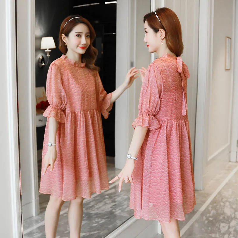 

2018 New Style Fashion Fashion Mom Bell Sleeve Two-Piece Set Large Size Maternity Clothes Loose Sundress Long Dress Summer