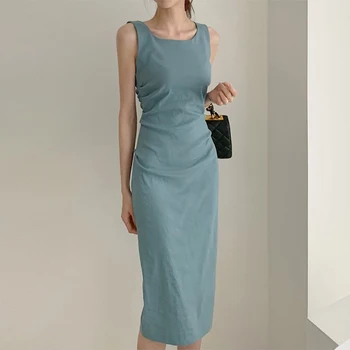 

Solid Color Office Lady Dress 2020 Simple Sleeveless High Waist Tight Hem Elegant Dress Women