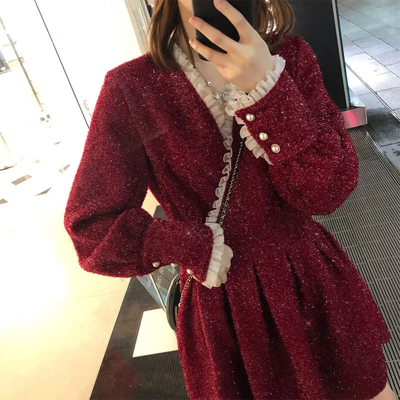 

Женский цельный костюм с юбкой, блестящий маленький Яркий шелковый твидовый костюм с длинным рукавом, плиссированная юбка с высокой талией для женщин