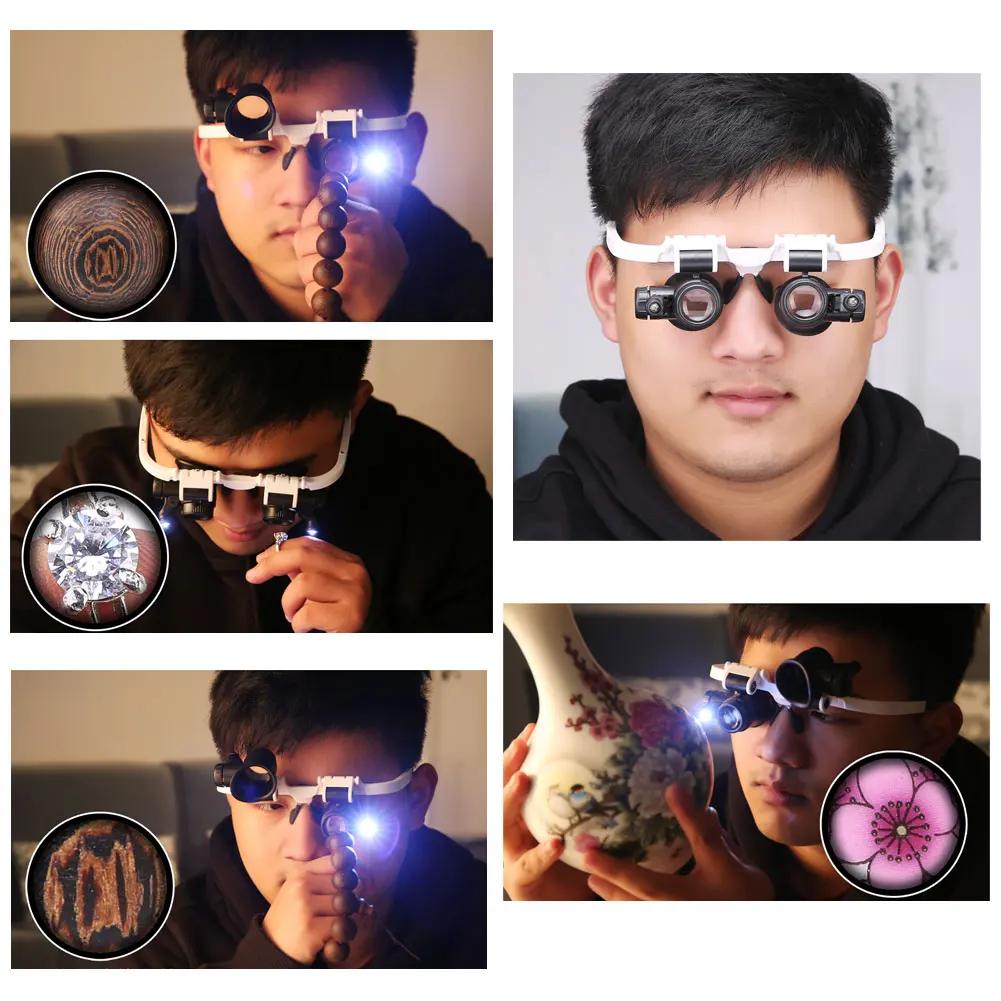 Magnifying Glass Tool Head-wearing Glasses Magnifying Glass LED Light Jeweler Loupe 8X/15X/23X Welding Soldering Tools 1*LED Magnifier