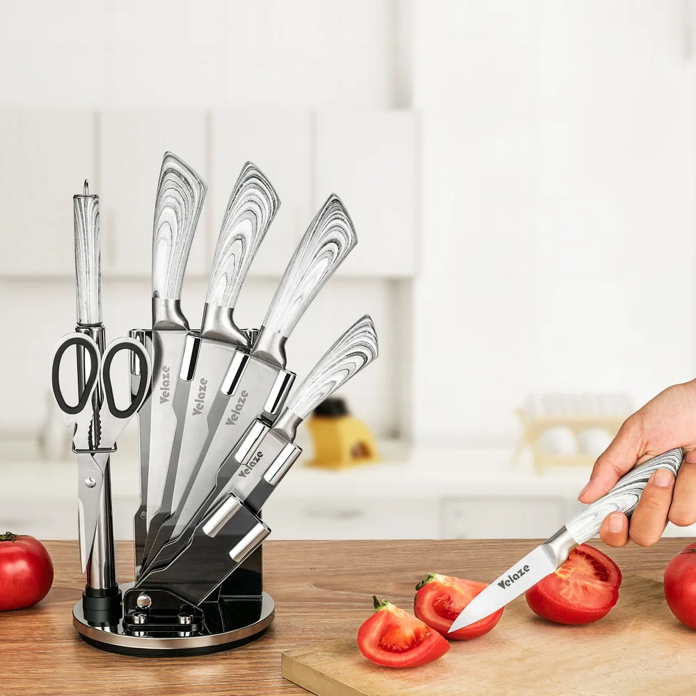  Velaze Knife Sets 8 Piece Stainless Steel Kitchen Set with Sharpener and Spinning Block Santoku Che - 32973356381
