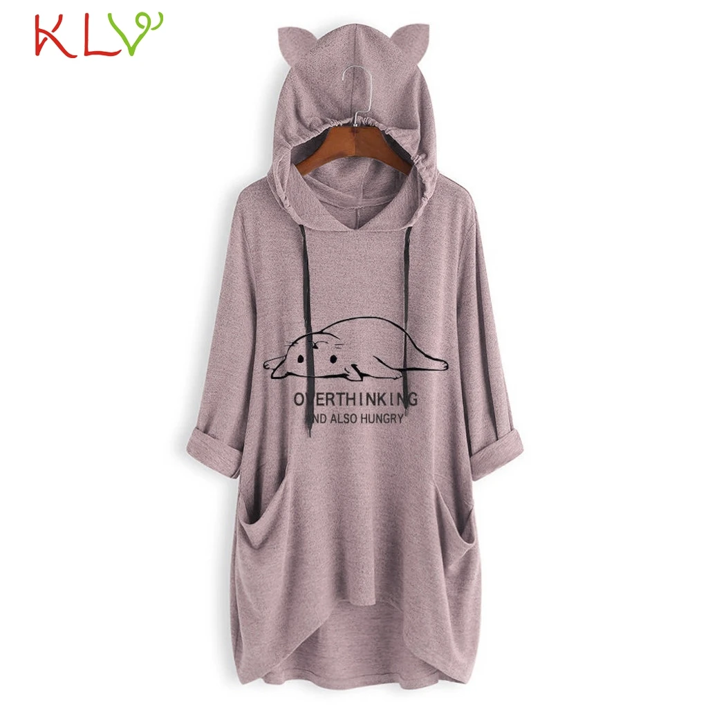T Shirt Women Hooded Ear Cat Print Long Sleeve Tshirt Fashion Casual Loose Winter Pullover Femme Top Mujer Plus Size 19Jul