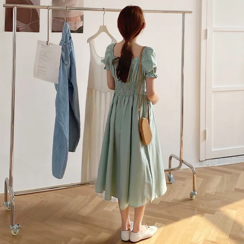 OCEANLOVE Ruffles Elegant Robe 2020 Korean Chic Solid Women Dress A-line Pleated Long Summer Dresses Puff Sleeve Vestidos 16771