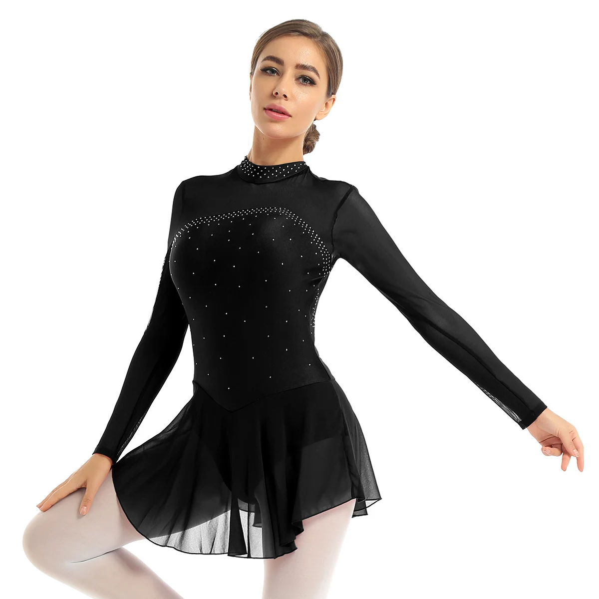 Adult Women Long Sleeve Figure Ice Skating Dress Ballet Gymnastics Skirt Costume 