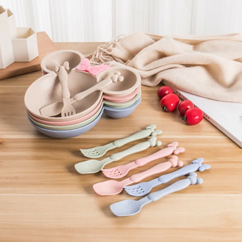 

wheat straw bowl children cartoon tableware set baby dinner plate baby training Bowl spoon fork for kids without box