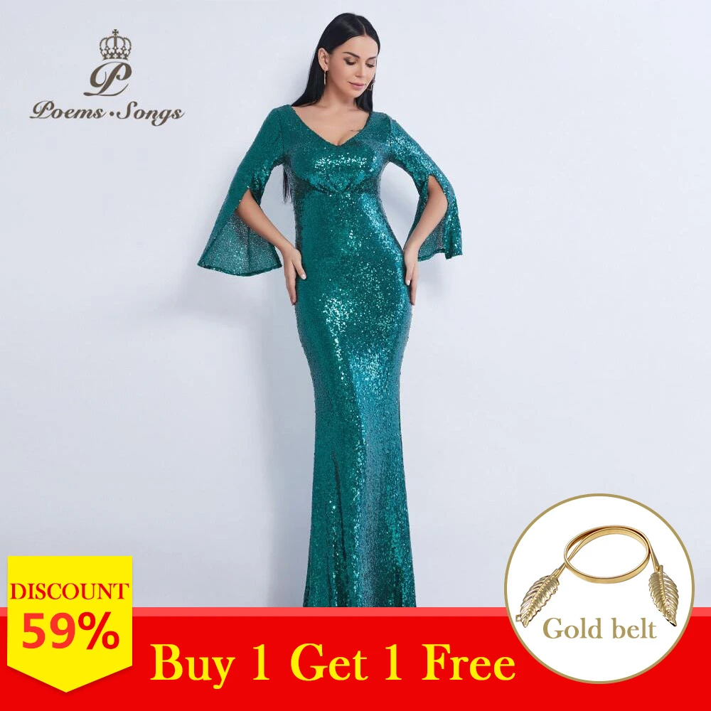 

Poems Songs 2019 new Sequin V-neck attractive mermaid evening dress reflective vestidos largos beautiful robe longue soiree