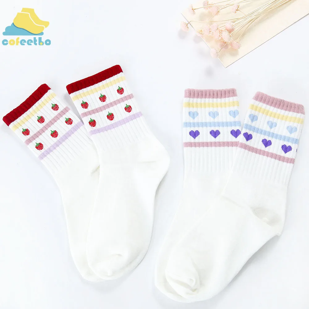 Милые хлопковые носки до щиколотки с сердечками и клубникой, японский стиль Харадзюку каваи, аксессуары, повседневные длинные носки, осенне-зимняя обувь