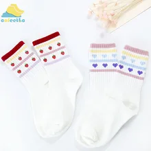 Милые хлопковые носки до щиколотки с сердечками и клубникой, японский стиль Харадзюку каваи, аксессуары, повседневные длинные носки, осенне-зимняя обувь