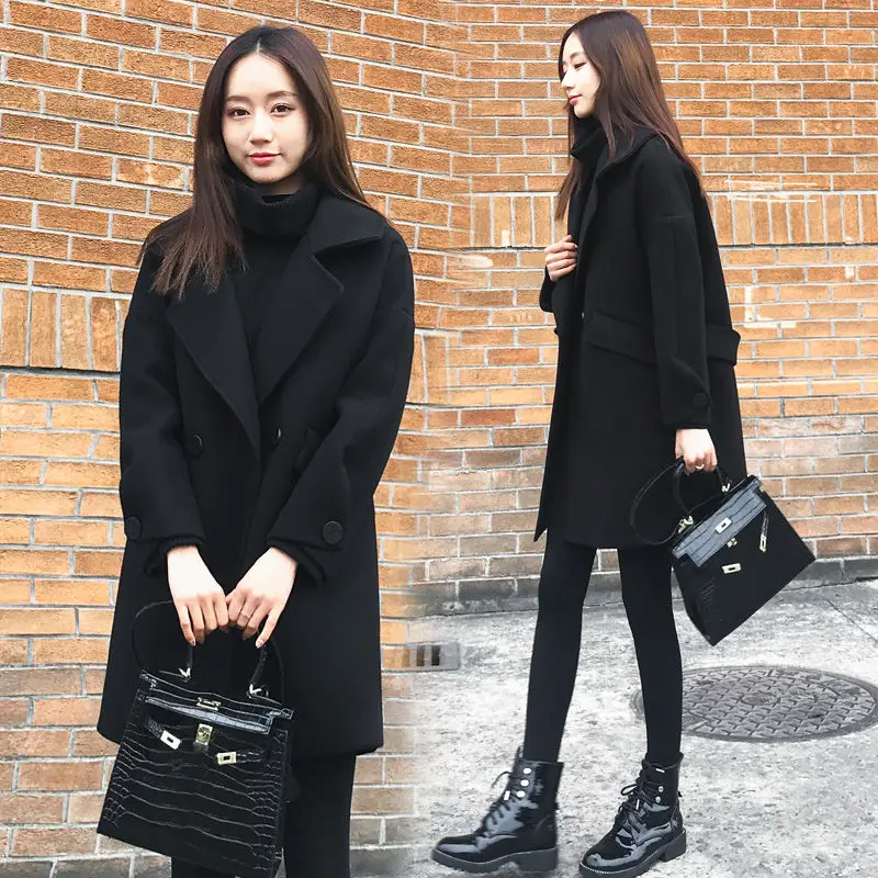 

Add cotton thick off-season autumn and winter new Korean loose loose thin black woolen coat in long woolen coat female tide