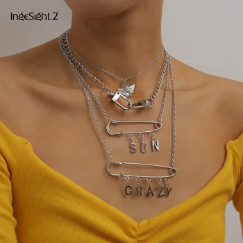 

IngeSight.Z 4Pcs/Set Punk Multi Layered Angel Paper Clip Pendant Necklace Initial Letter CRAZY Choker Necklace for Women Jewelry