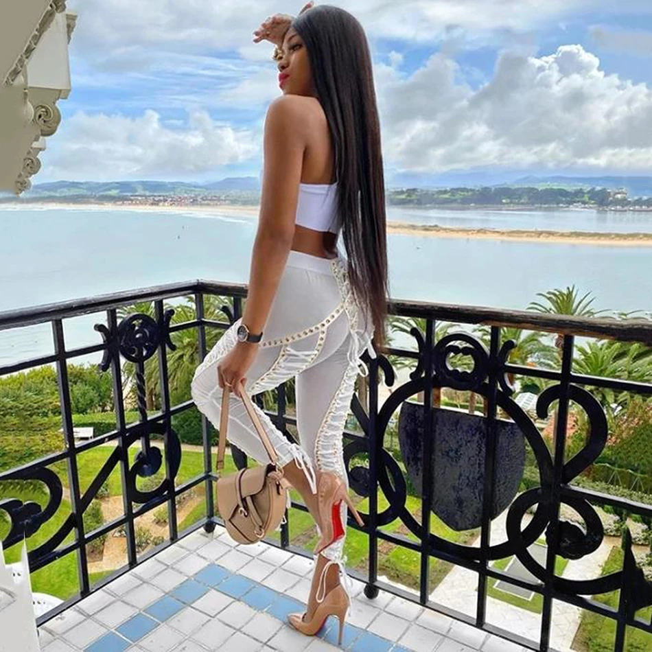 2020 new fashion sexy white womens set one-shoulder top & tpencil trousers 2 two-piece club celebrity party Bodycon pants set
